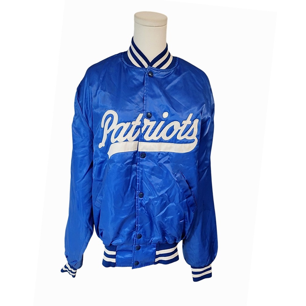 Vintage 90s New England Patriots Satin Bomber Jacket NFL Football Blue L‎